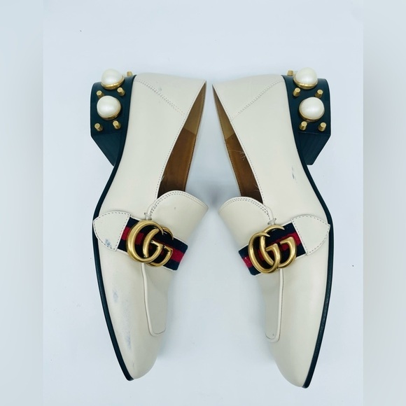 GUCCI Peyton Pearl GG Embellished Web White Cream Leather low heel loafers 37.5 - Picture 7 of 12